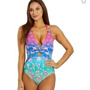 NEW Johnny Was Pink Blue Color Blast Floral Twist Keyhole One Piece Swimsuit
